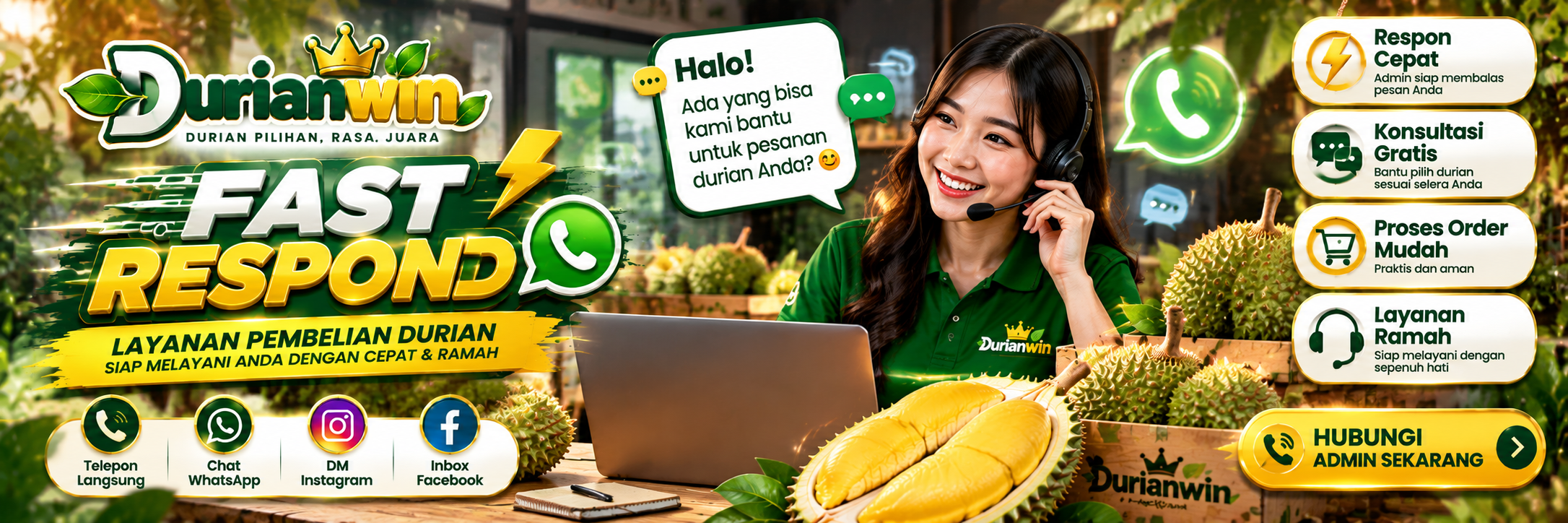 Durianwin fast respond — layanan pembelian durian, siap melayani Anda dengan cepat dan ramah melalui WhatsApp