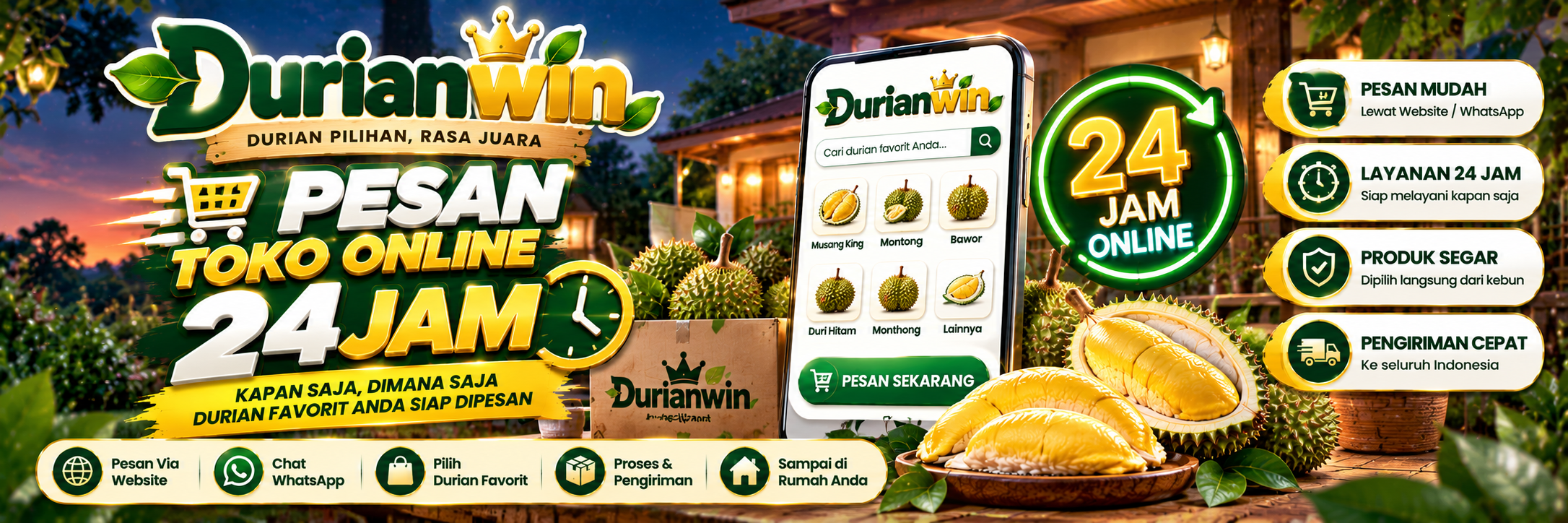 Durianwin toko online 24 jam — pesan mudah lewat website atau WhatsApp, produk segar dipilih langsung dari kebun, pengiriman cepat
